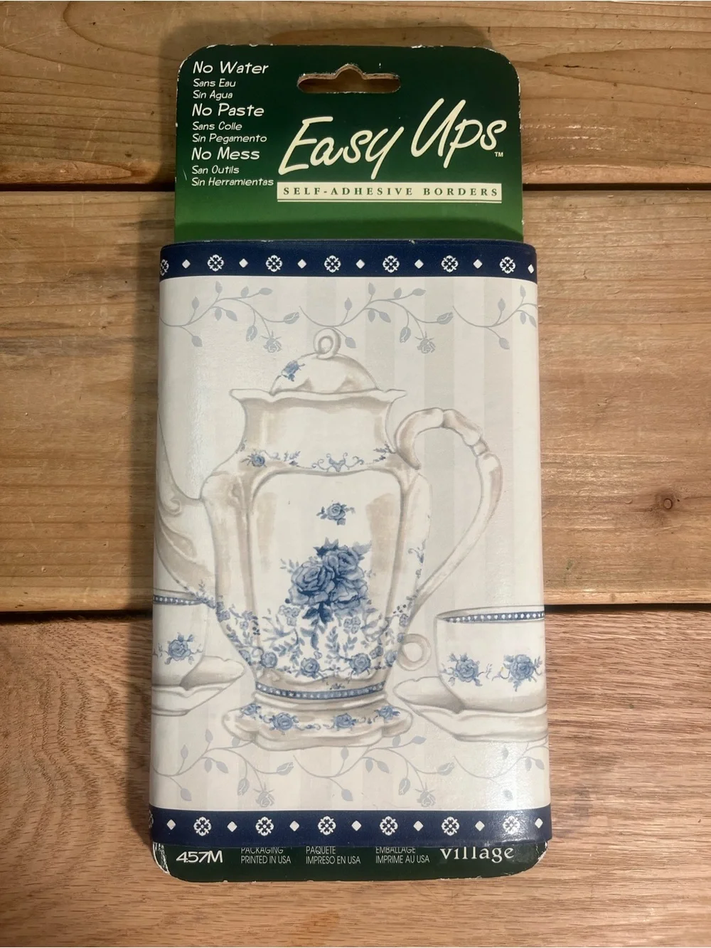 Easy Ups Self Adhesive Borders Wallpaper Blue White Teapot Cup Floral VTG New